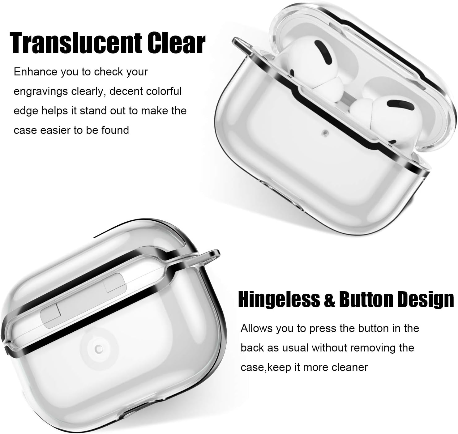 Transparente AirPods-Hülle. Die Hülle ist transparent und hat ein Scharnierdesign. AirPods befinden sich darin.