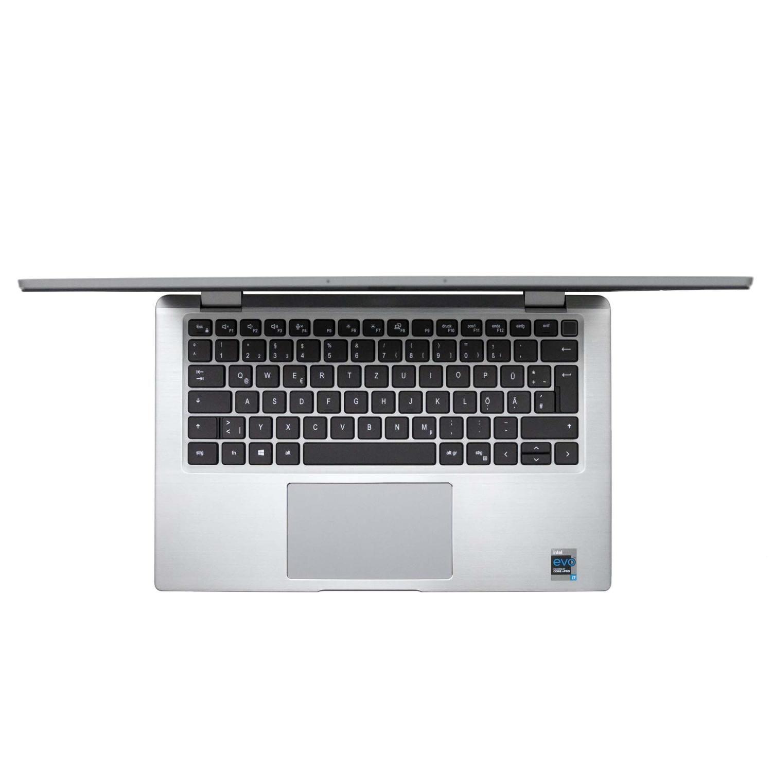 Laptop-Tastatur, Draufsicht, mit vollständig geöffnetem Bildschirm. Der Laptop ist silberfarben.