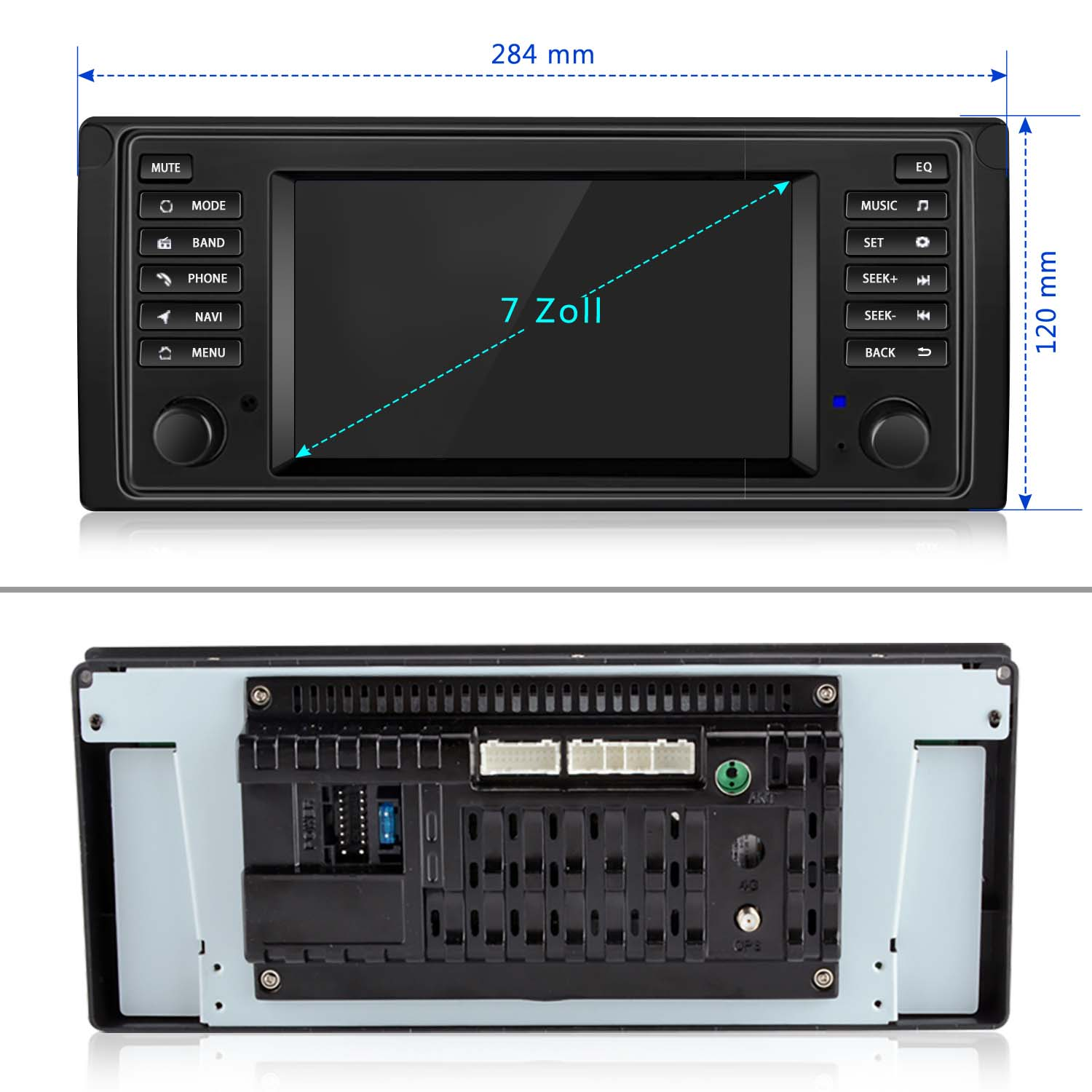Auto-Multimedia-System, schwarz, mit Knöpfen und Display, weißer Hintergrund.