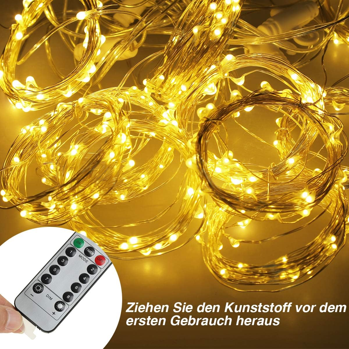 Ein Wirrwarr aus gelben Lichtern mit einer Fernbedienung.