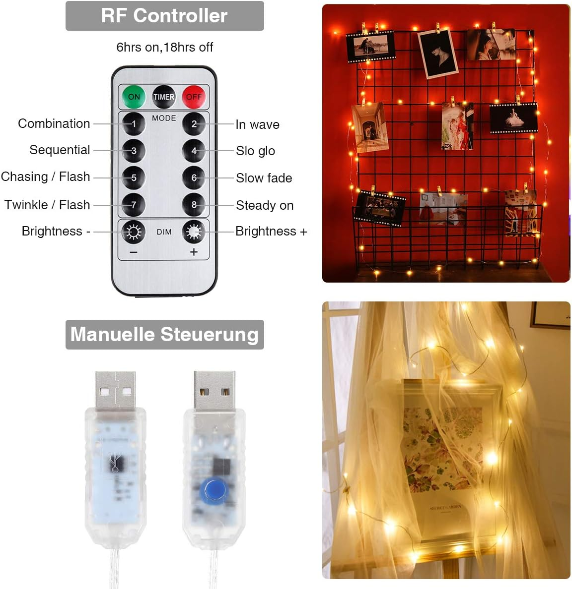 RF-Controller mit Tasten. LED-Lichtanzeige mit Fotos. Lichterketten, Bilderrahmen und Vorhänge.