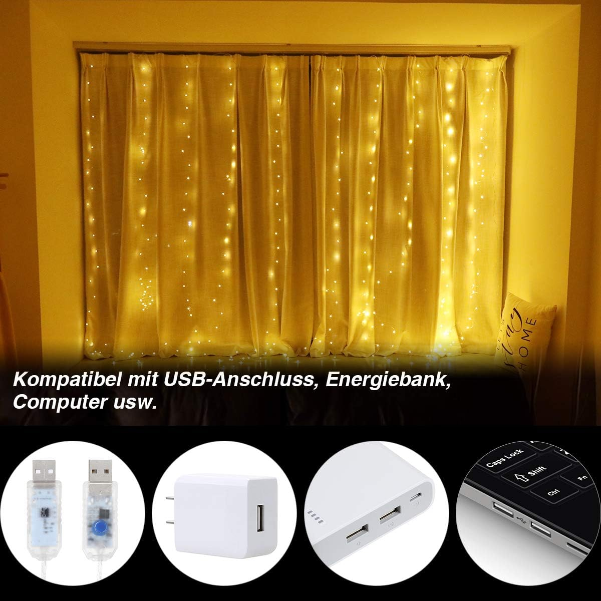 Gelbe Lichter vor einem Fenster mit Textüberlagerung und verschiedenen Gegenständen.