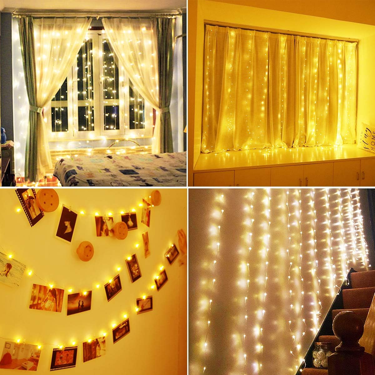 Vier Bilder mit Lichterketten an Vorhängen und Wand, mit Fotos an einer Schnur.