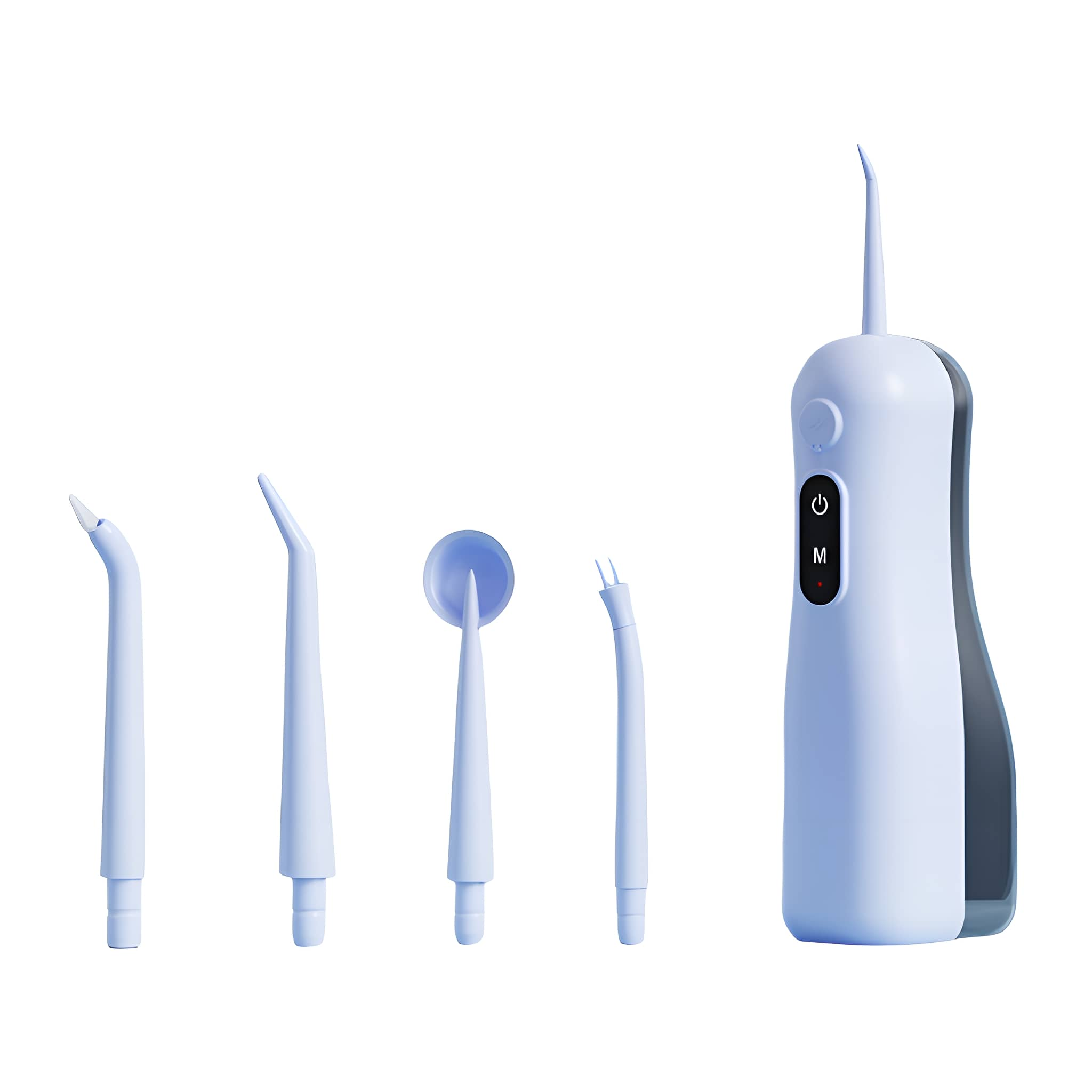 Ein blauer Wasser-Flosser und fünf austauschbare Spitzen. Spitzen umfassen verschiedene Winkel und Formen zur Reinigung.