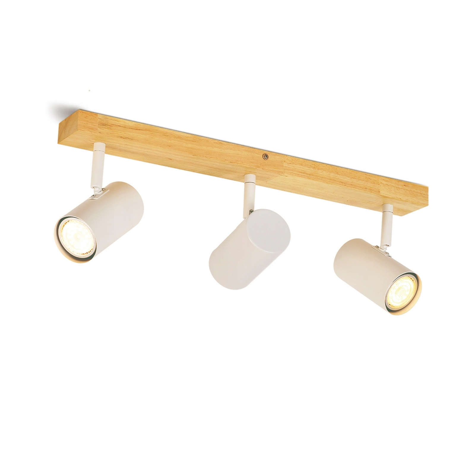 Drei weiße Strahler an einem Holzbalken. Alle Lichter zeigen nach unten. Der Hintergrund ist schlicht weiß.