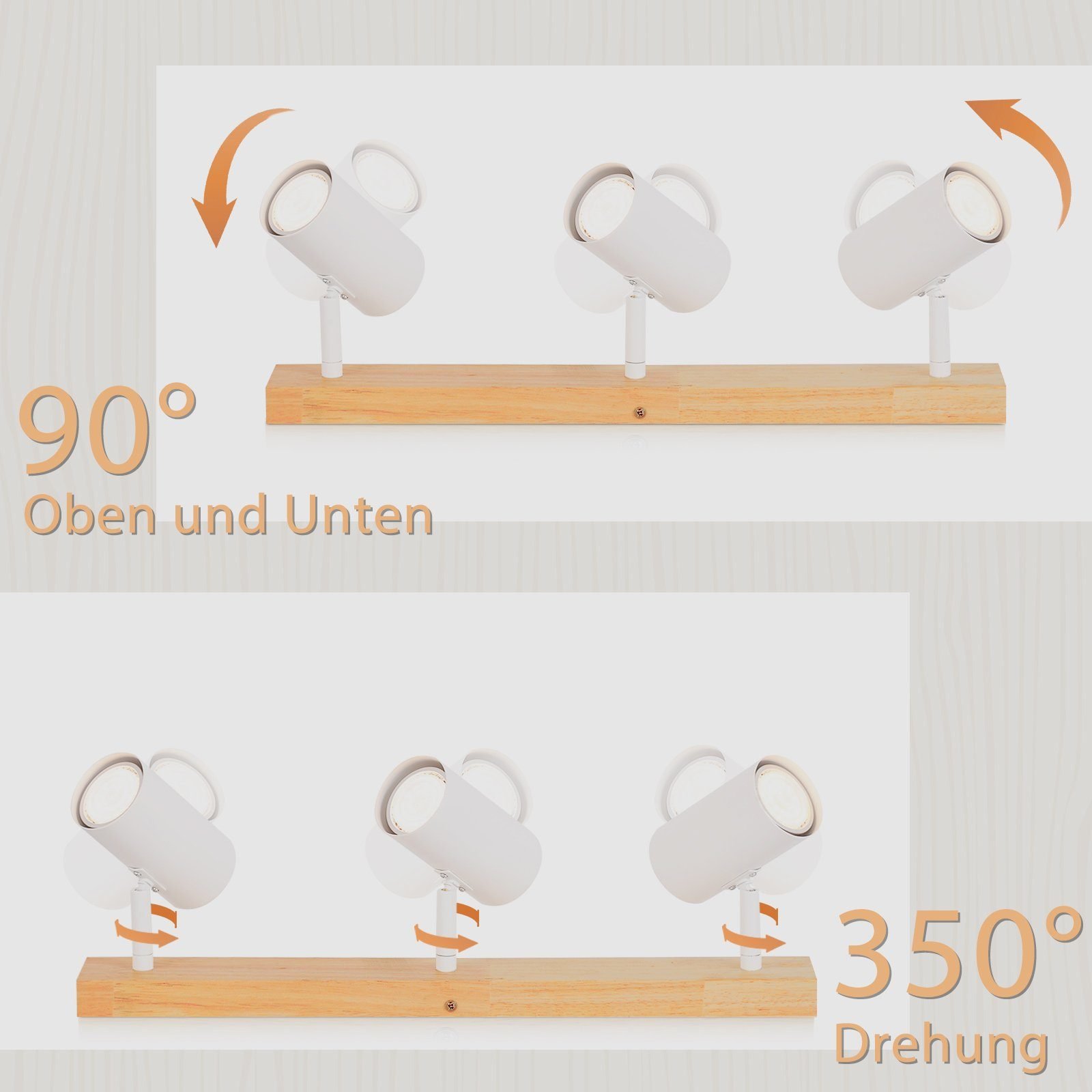 Drei weiße Strahler auf Holzsockel, die 90- und 350-Grad-Drehbewegung zeigen.
