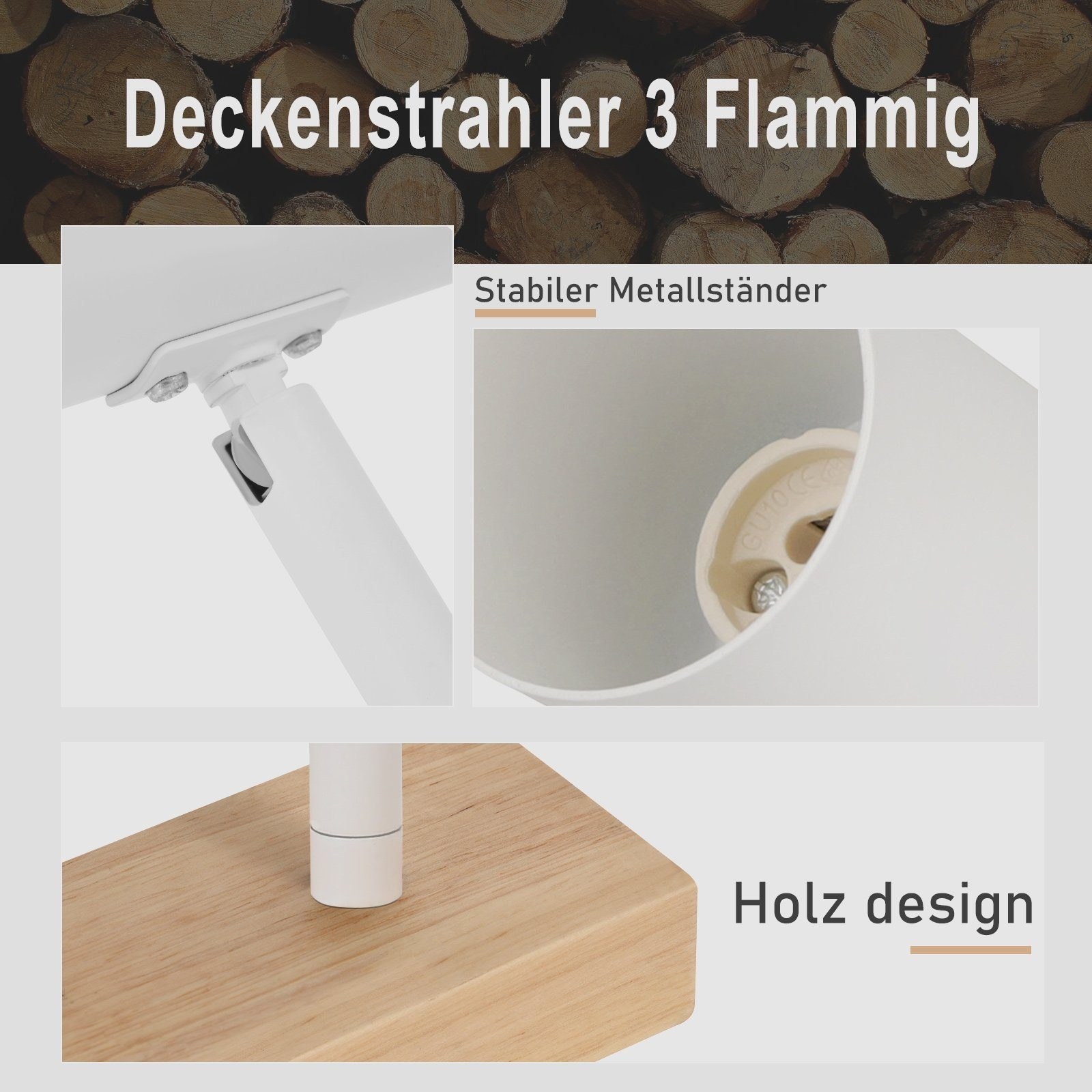 Mehrere Bilder, die eine Lampe, Details ihres Holzsockels, Komponenten und Text auf Deutsch über ihr Design zeigen.