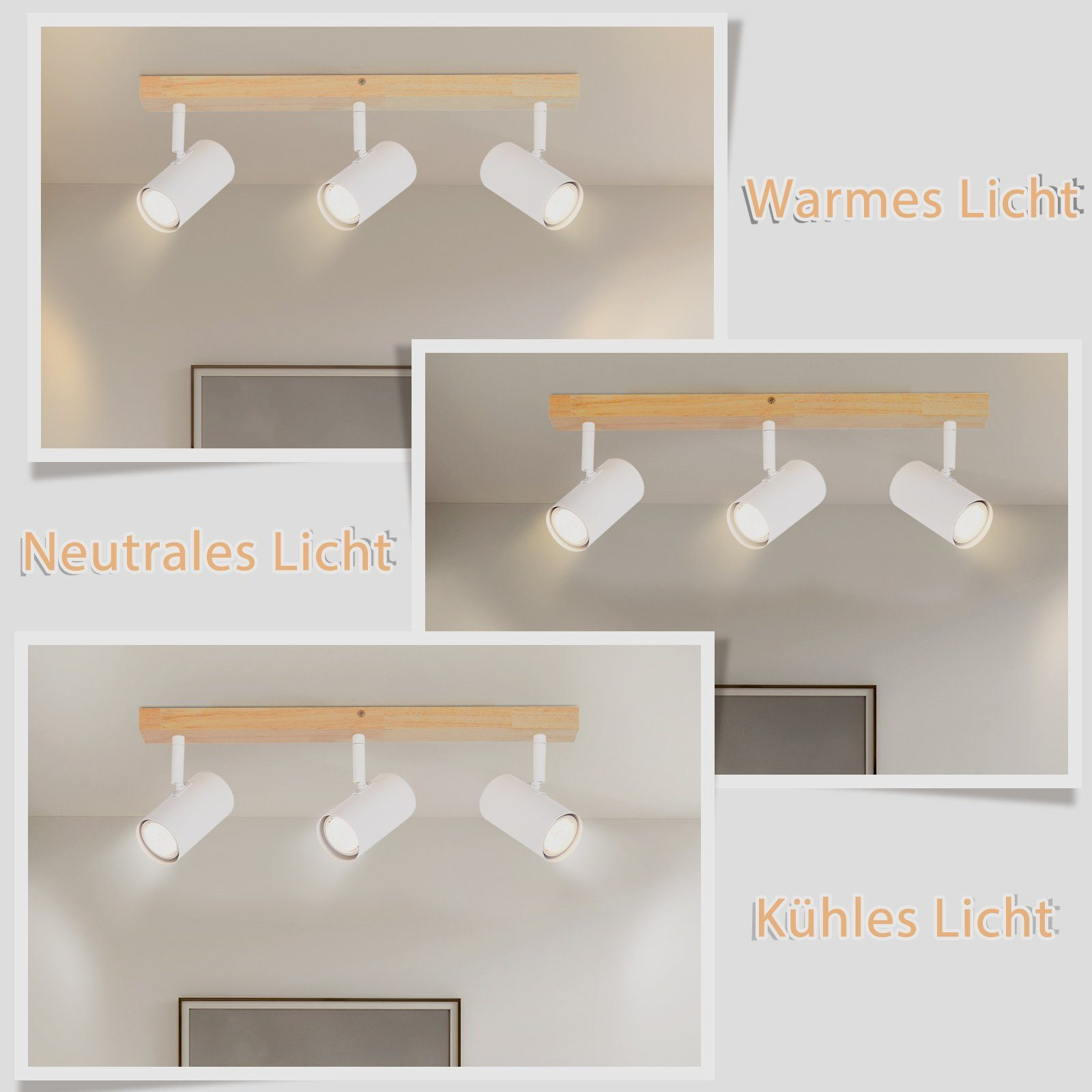 Drei Bilder, die Strahler zeigen. Text: Warmes Licht, Neutrales Licht, Kühles Licht.