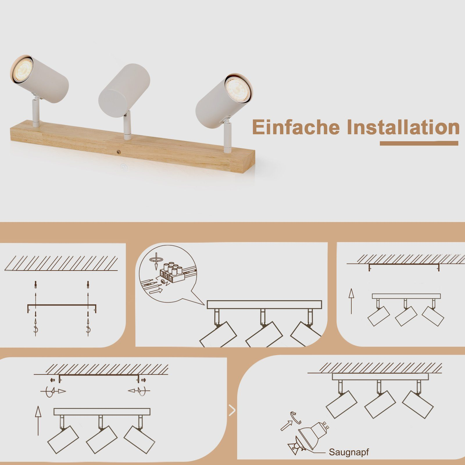Drei weiße Strahler auf einem Holzbalken. Installationsdiagramme.