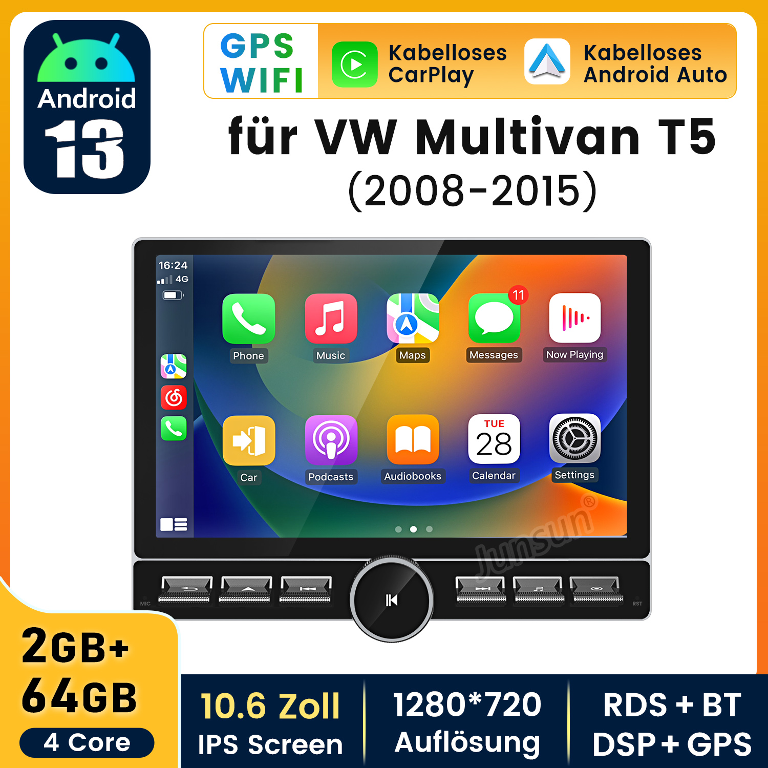 Samochodowy system informacyjno-rozrywkowy z ekranem dotykowym wyświetlającym ikony aplikacji. Android Auto i CarPlay.