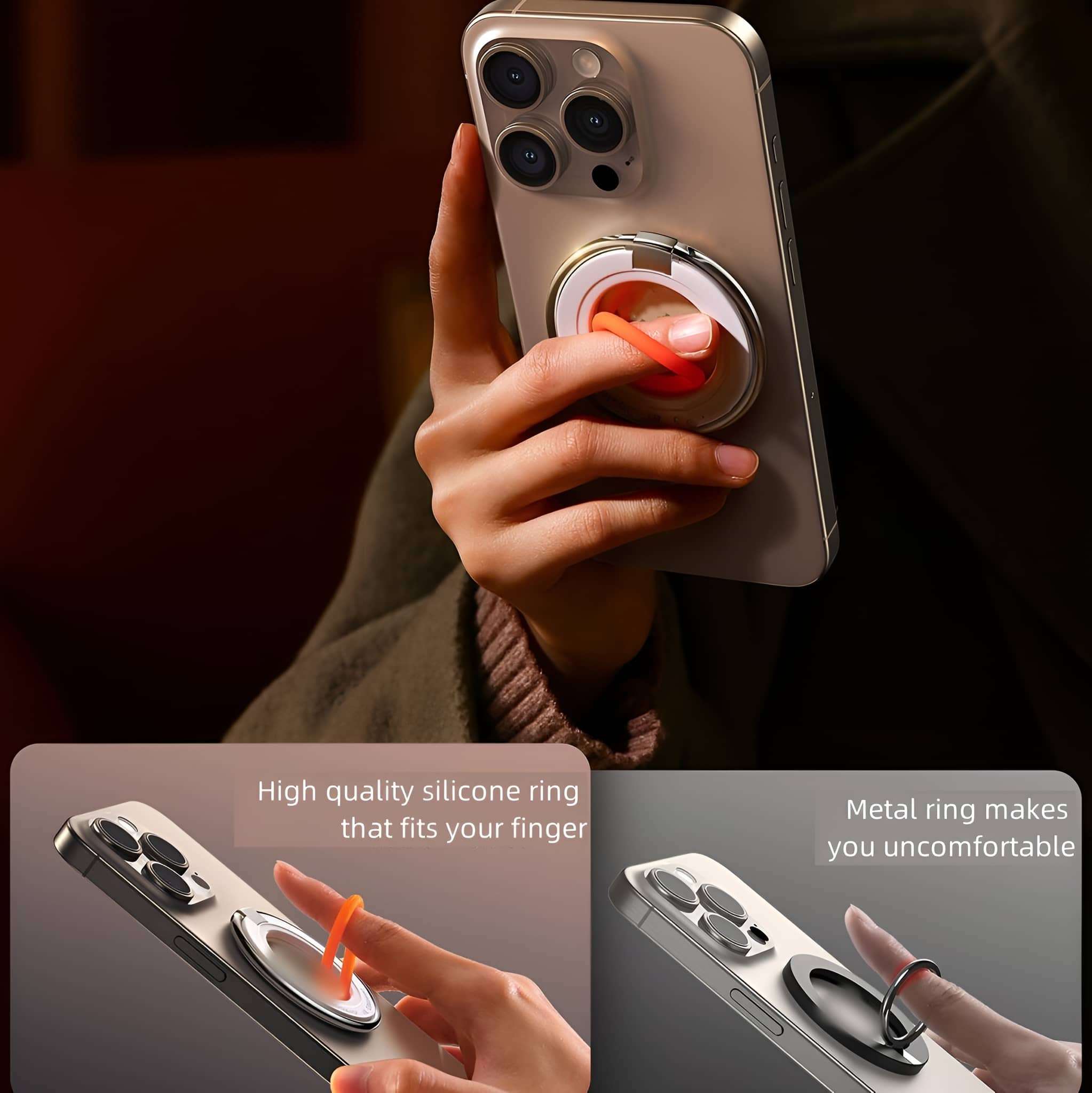 Ein Telefon mit einem Ringhalter, mit einem Finger hindurch.