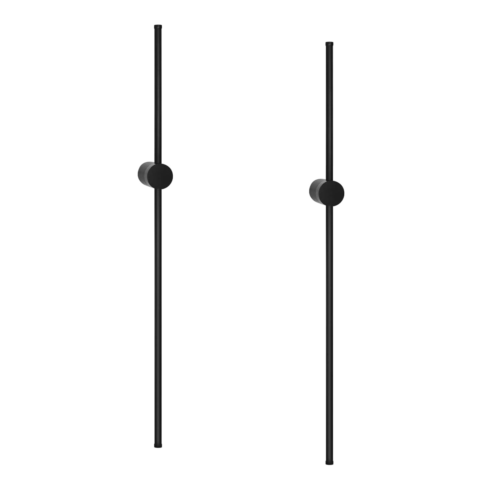 Due barre verticali nere con un pezzo rotondo nero su ciascuna. Sfondo bianco.