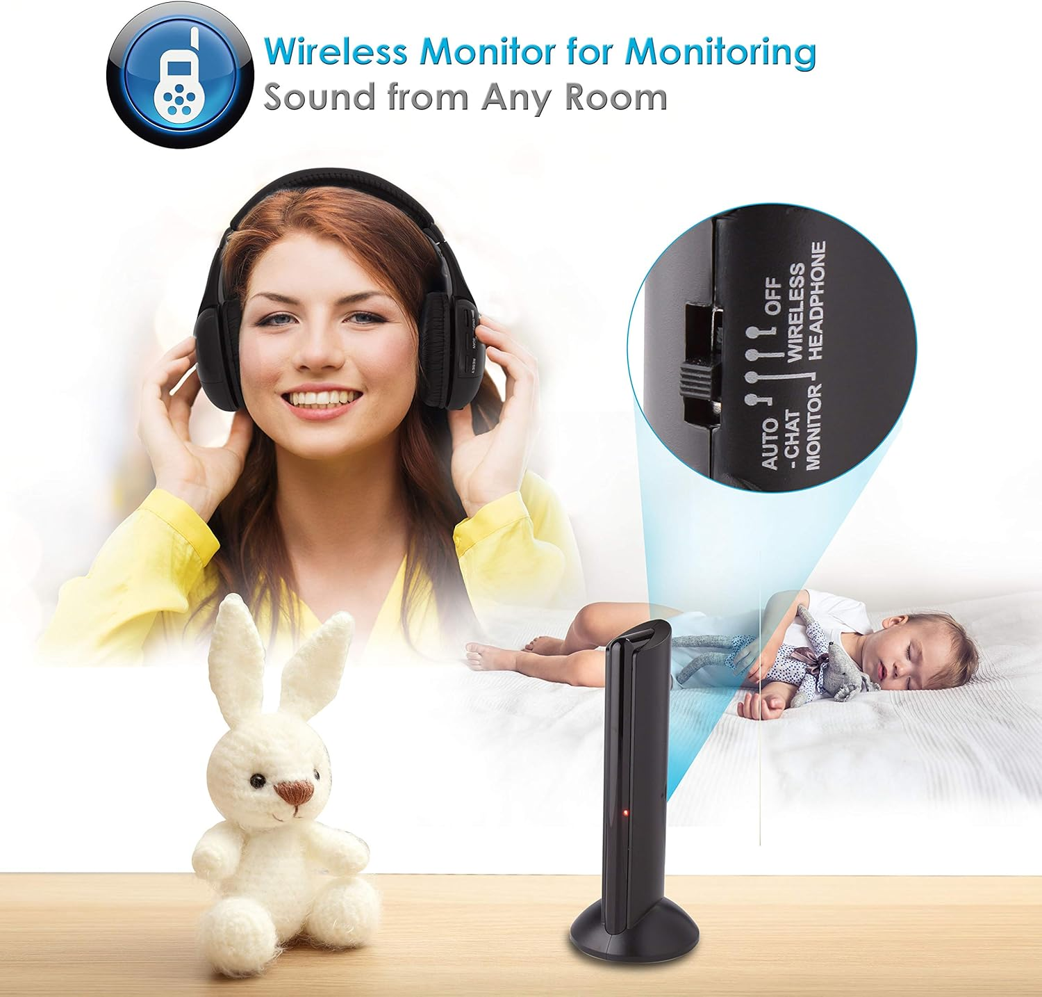 Eine Frau mit Kopfhörern lächelt, mit einem Baby und einem Gerät namens 'Wireless Monitor'.