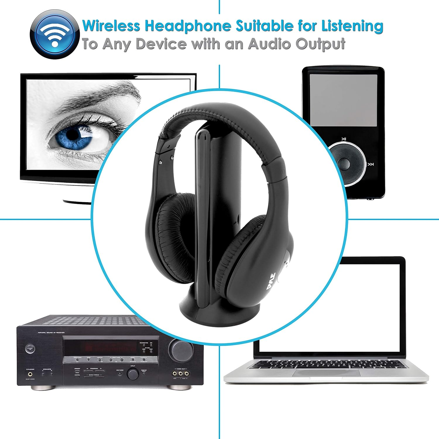Schwarze kabellose Kopfhörer mit Ladestation. Gezeigt mit Fernseher, Laptop und MP3-Player.