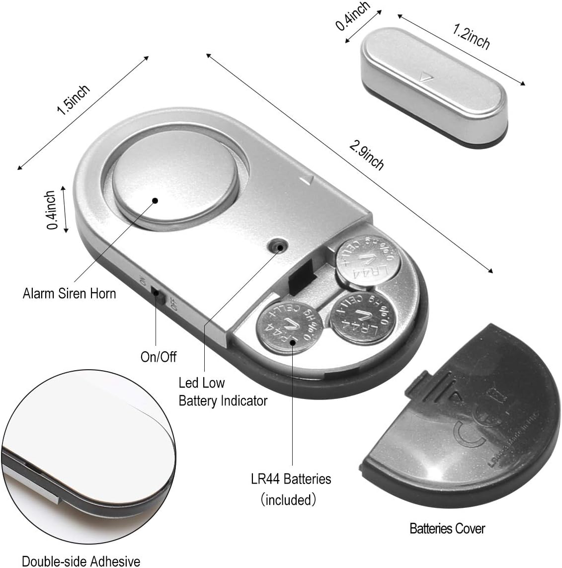Nahaufnahme eines kleinen Alarmgeräts mit Abmessungen, einschließlich Alarmsirene, Ein/Aus-Schalter und Batteriefach.