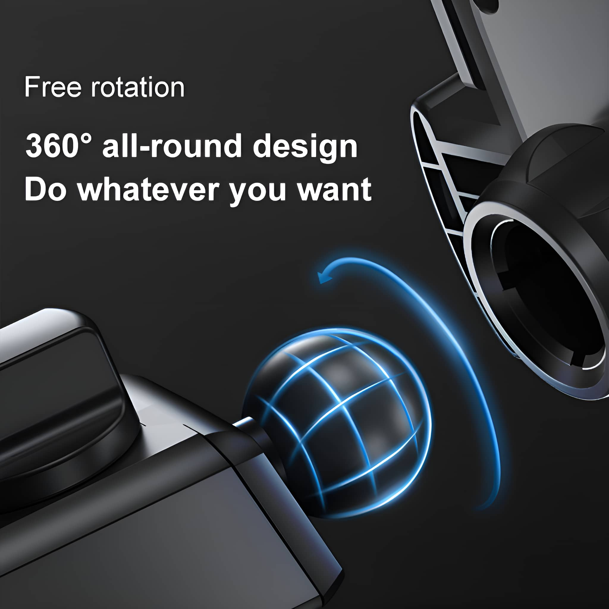 Nahaufnahme eines schwarzen Telefonhalters mit blauer Kugel, die freie Drehung und 360-Grad-Design zeigt.
