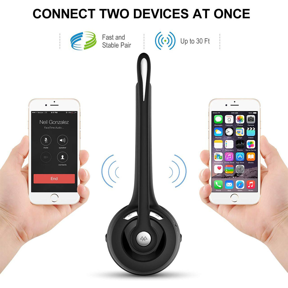 Zwei Smartphones, verbunden mit einem schwarzen Headset, zeigen schnelles Pairing.