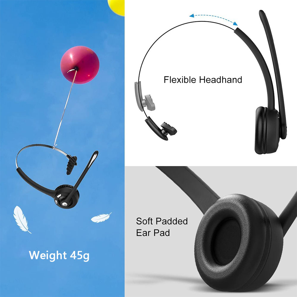 Schwarzes Headset mit flexiblem Bügel und weichem Ohrpolster. Ein roter Ballon schwebt darüber.