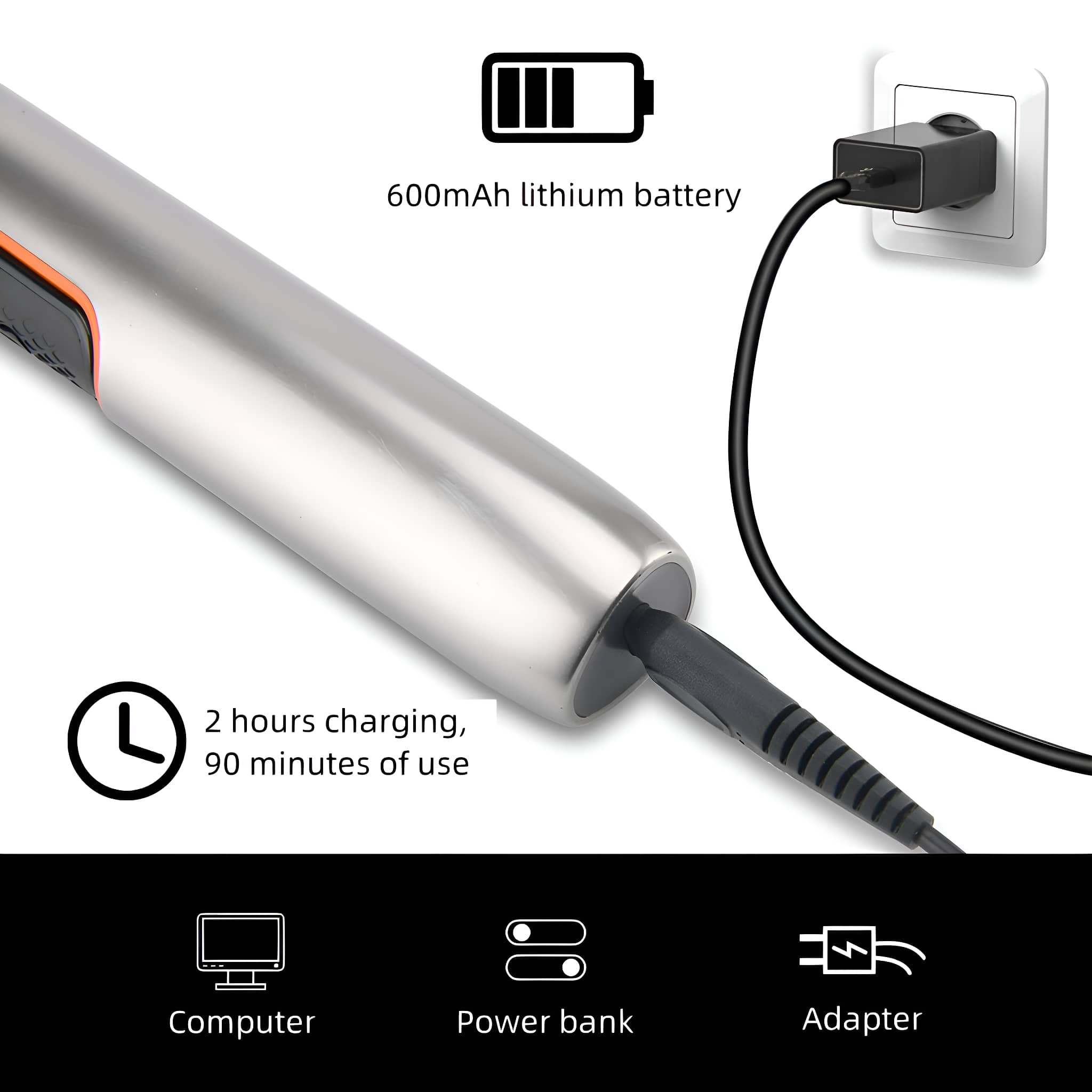 Ein aufladbarer Elektrorasierer mit eingestecktem Ladekabel. Text: 2 Stunden Laden, 90 Minuten Nutzung.