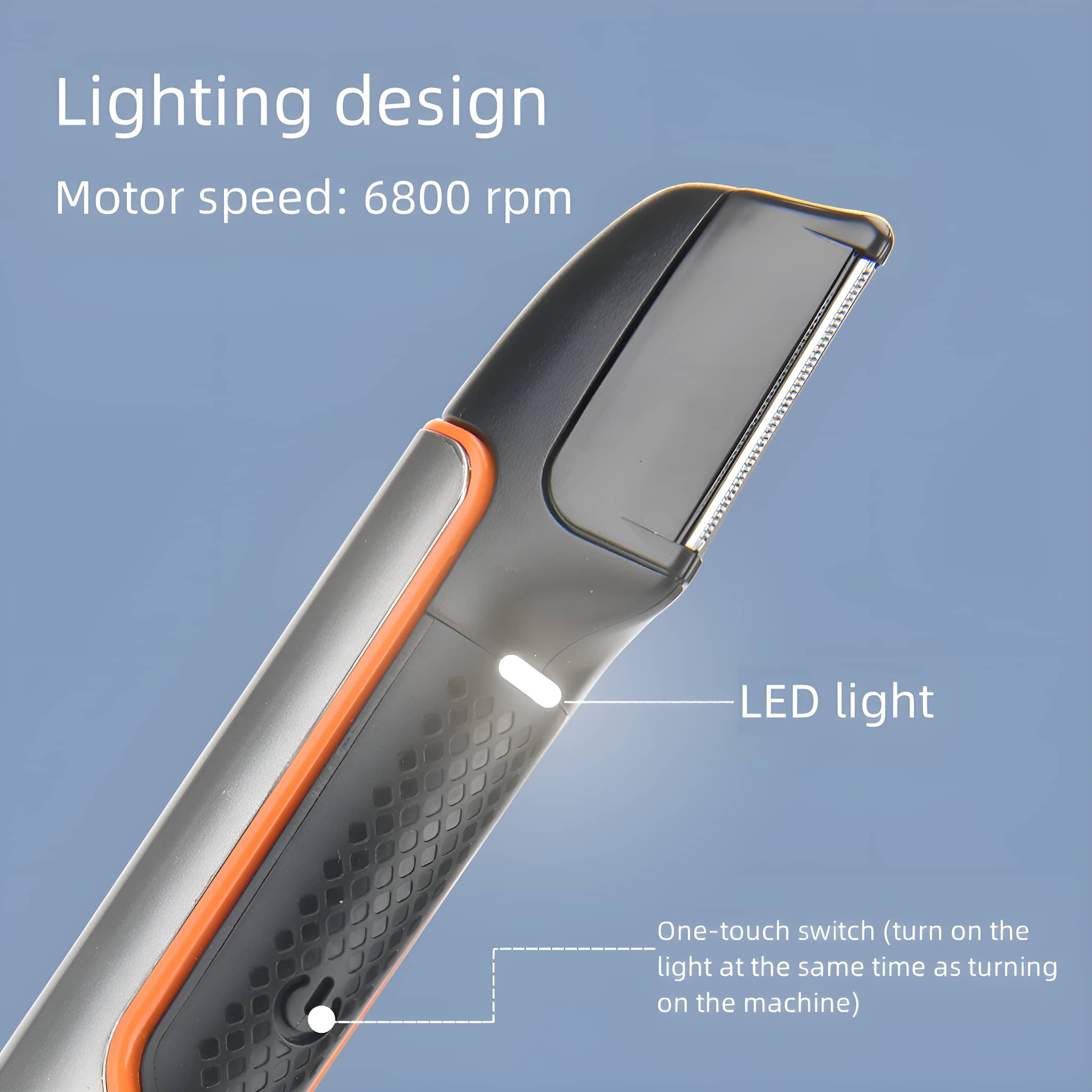 Elektrischer Haartrimmer mit LED-Licht und Ein-Knopf-Schalter-Detail und Text.