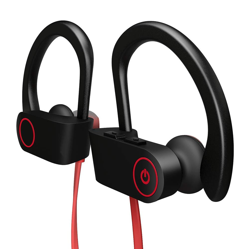 Schwarze und rote kabellose Kopfhörer. Ohrhörer mit Ohrbügeln, rotes Kabel.
