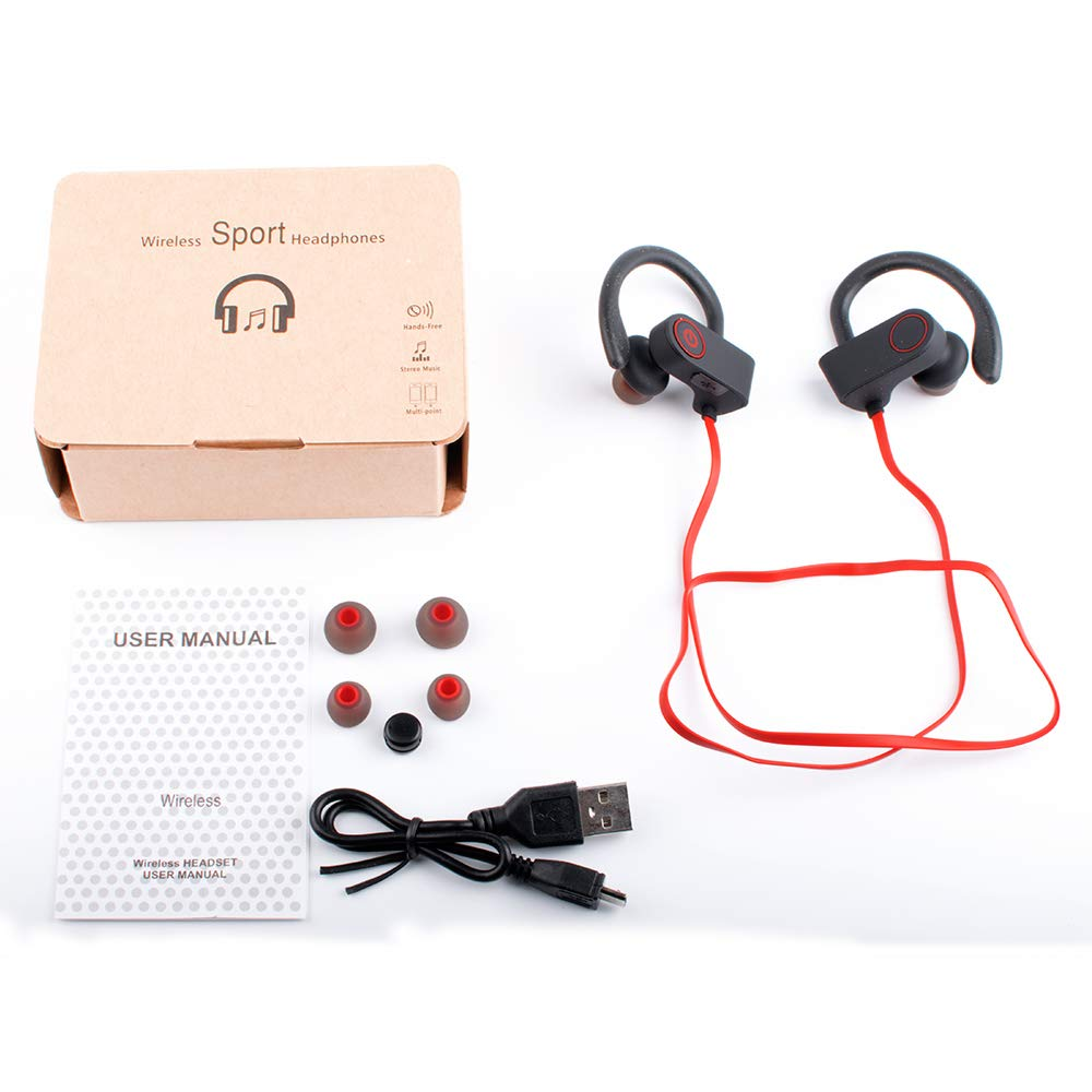 Box mit kabellosen Sportkopfhörern und Zubehör: zusätzliche Ohrstöpsel, USB-Kabel und Bedienungsanleitung.