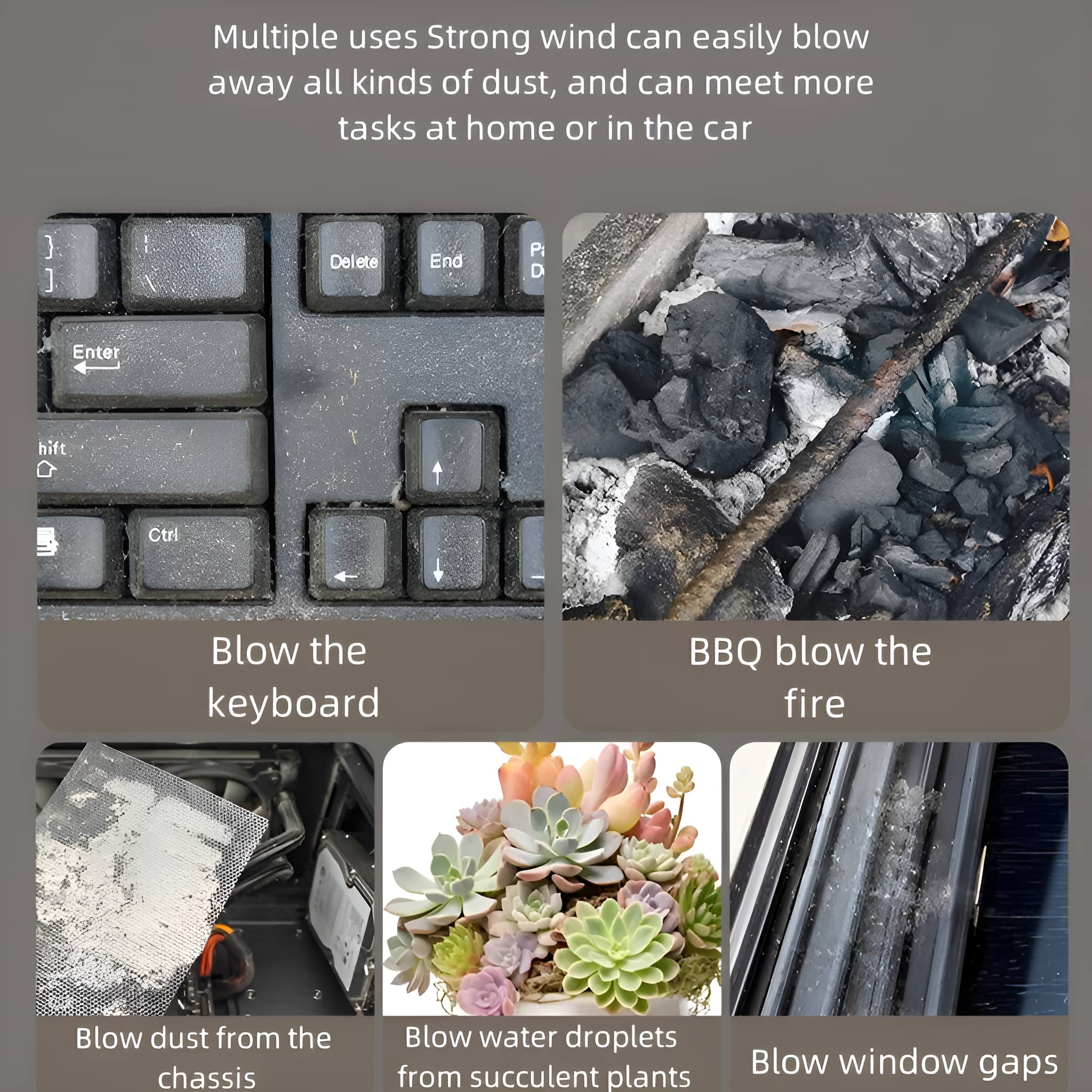 Bilder der Verwendung eines Gebläses zur Reinigung einer Tastatur, Feuer, Staub und Pflanzen.