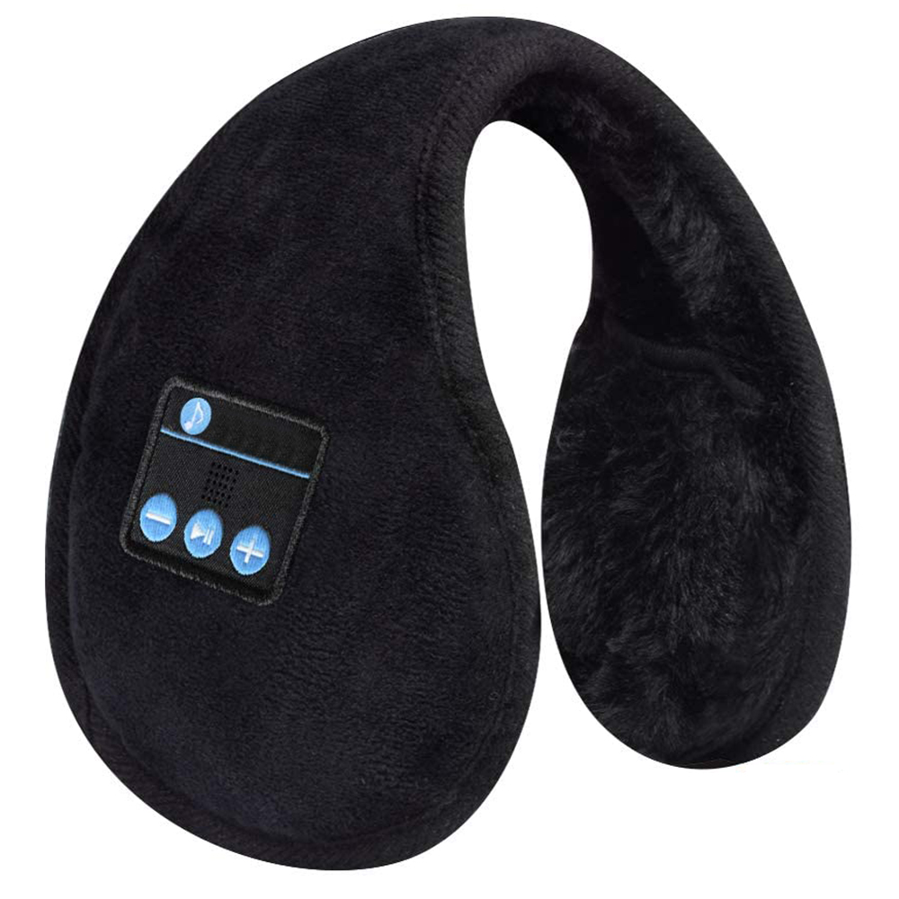 Schwarze Ohrenschützer mit Bedienfeld, mit Lautstärke- und Titelsteuerungstasten, ideal für kaltes Wetter.