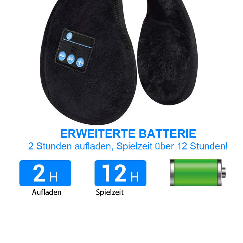 Schwarze Ohrenschützer mit Knöpfen und Text über die Akkulaufzeit.