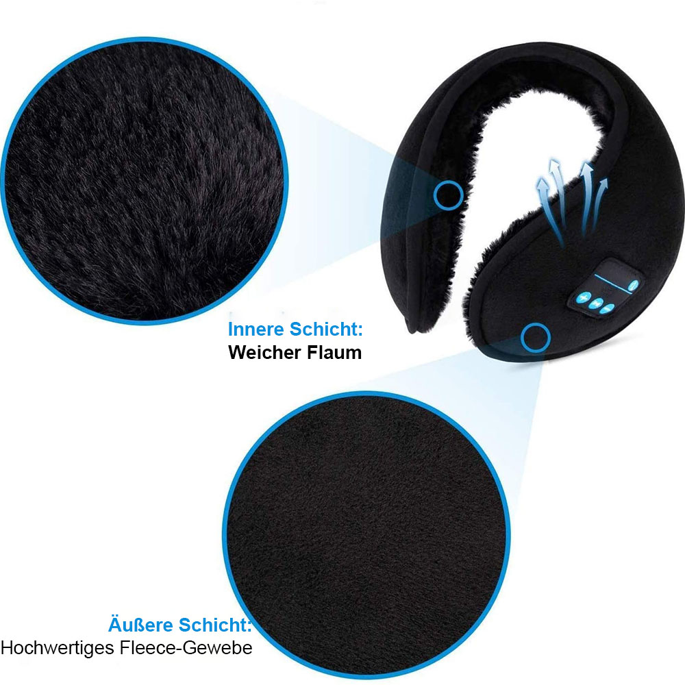 Schwarze, flauschige Ohrenschützer mit Bluetooth-Bedienelementen, zeigt Innen- und Außenschichten.