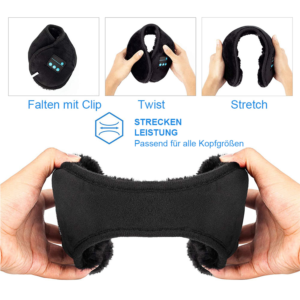 Schwarze Ohrenschützer, gefaltet, verdreht und gedehnt, mit Händen gezeigt. Weißer Hintergrund.