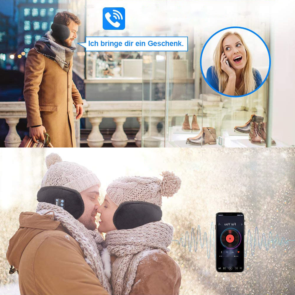 Ein Paar mit Ohrenschützern, ein Telefon mit Musikwellenform und eine Frau am Telefon.