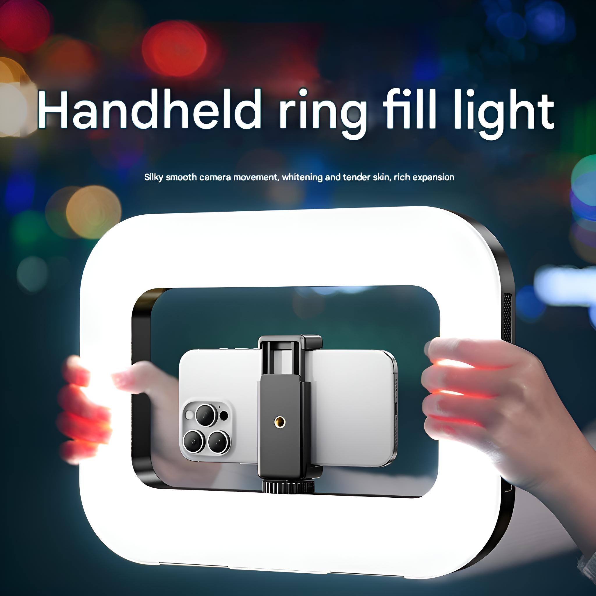 Eine Person hält ein weißes Ringlicht mit einem Telefon in der Mitte, für Fotografie oder Video.
