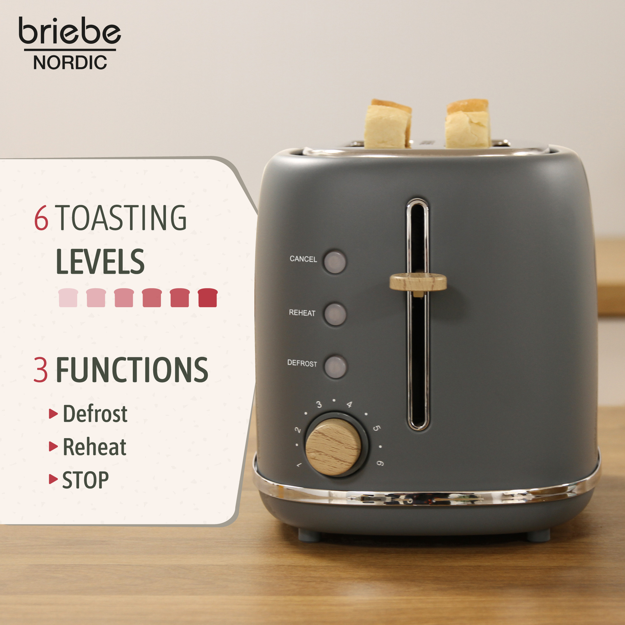 Ein grauer Toaster mit 6 Bräunungsstufen und 3 Funktionen.
