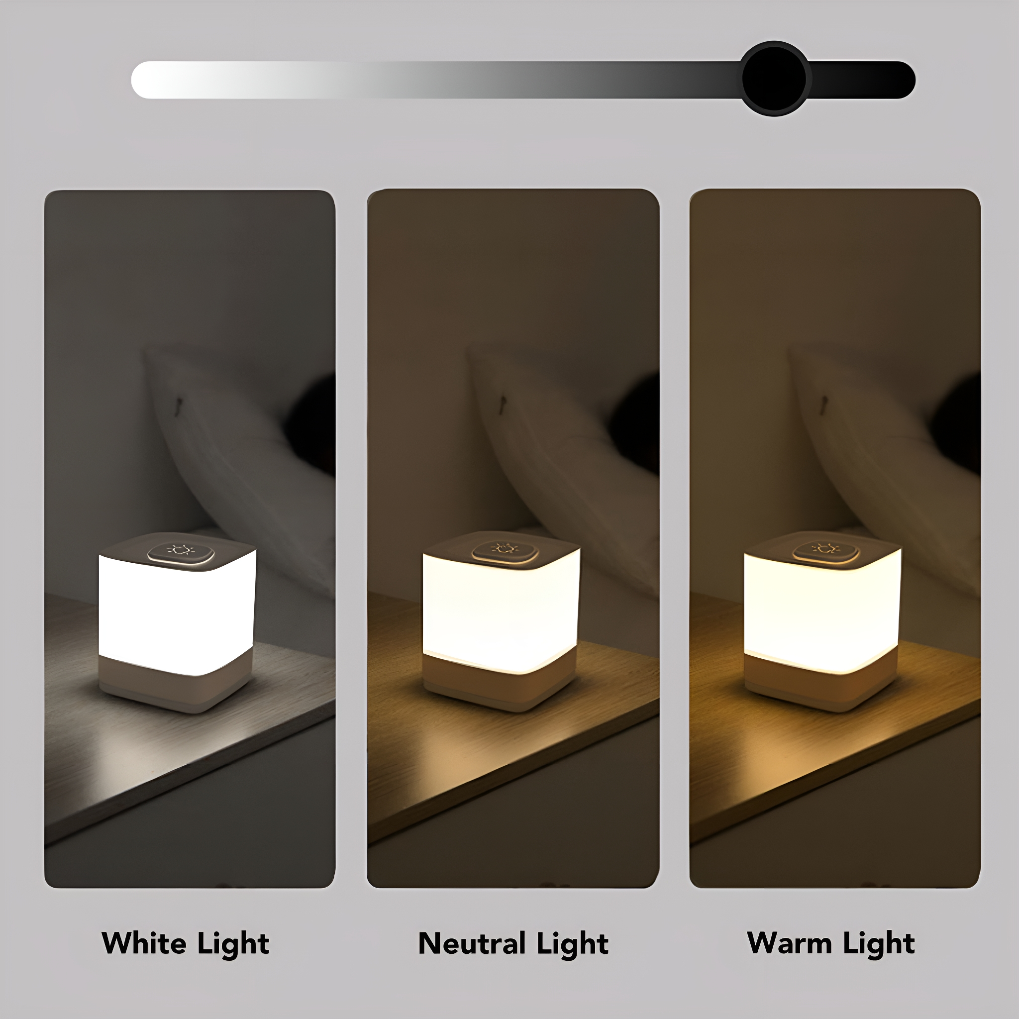 Drei Lampen mit einstellbaren Lichtstärken. Die Lampen zeigen die Einstellungen weißes, neutrales und warmes Licht.