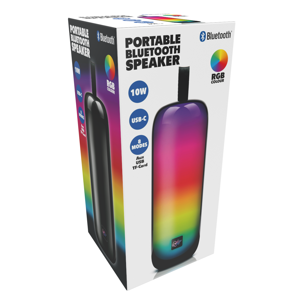 Een draagbare Bluetooth-luidspreker in een doos, met een zwarte behuizing en een RGB-licht.