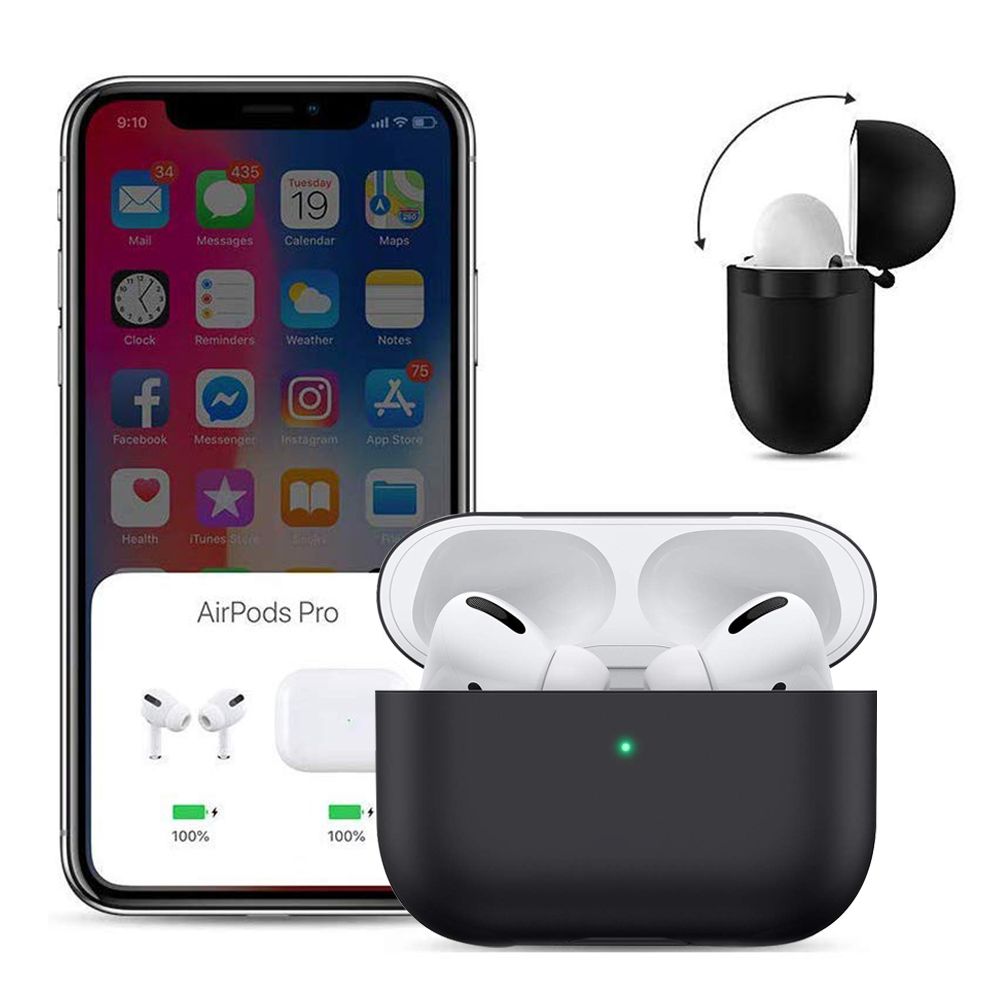 Ein Smartphone mit Apps und AirPods Pro mit geöffnetem Ladecase.