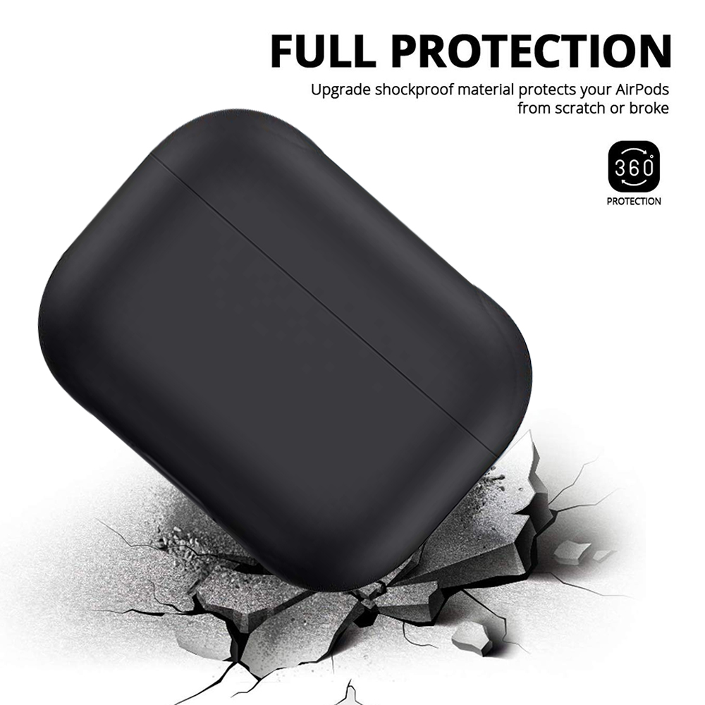 Ein schwarzes AirPods-Etui auf einer zerbrochenen Oberfläche. Text: 'FULL PROTECTION' und '360 PROTECTION'.