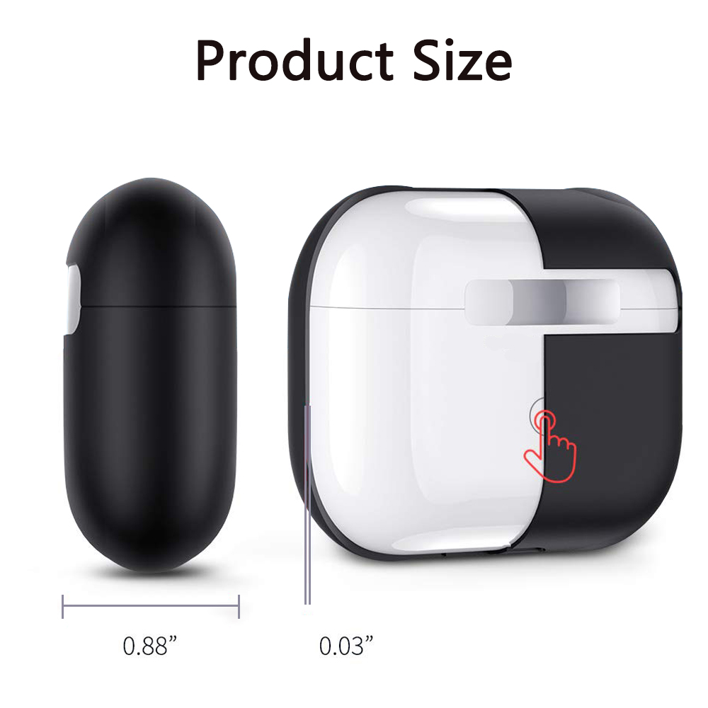 Schwarzes und weißes AirPods-Etui, neben dem geschlossenen Etui, mit Abmessungen in Zoll.