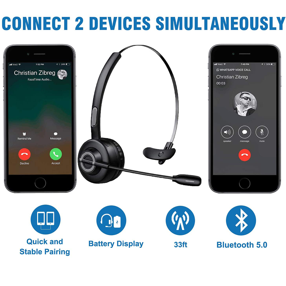 Zwei Telefone und ein Headset mit Bluetooth 5.0, Akkuanzeige und 33 Fuß Reichweite.