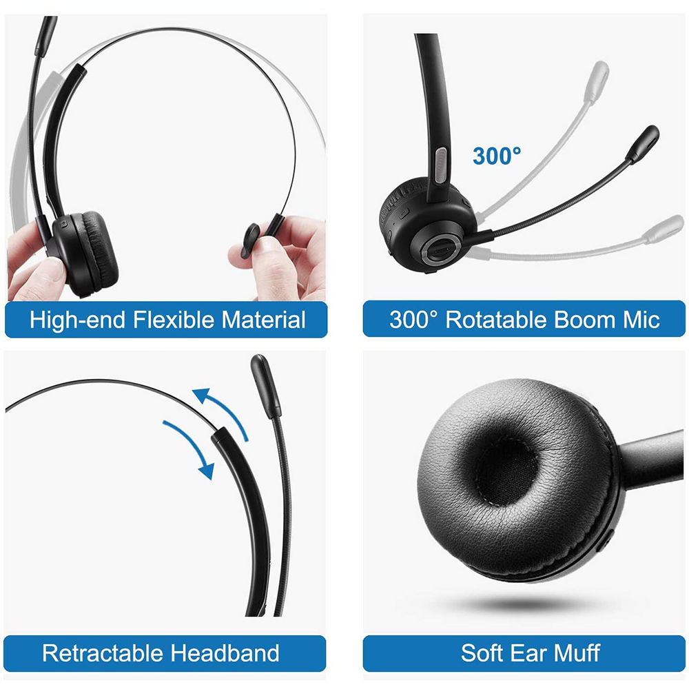 Nahaufnahmen eines schwarzen Headsets. Merkmale: flexibles Material, drehbares Mikrofon, weicher Ohrenschützer.