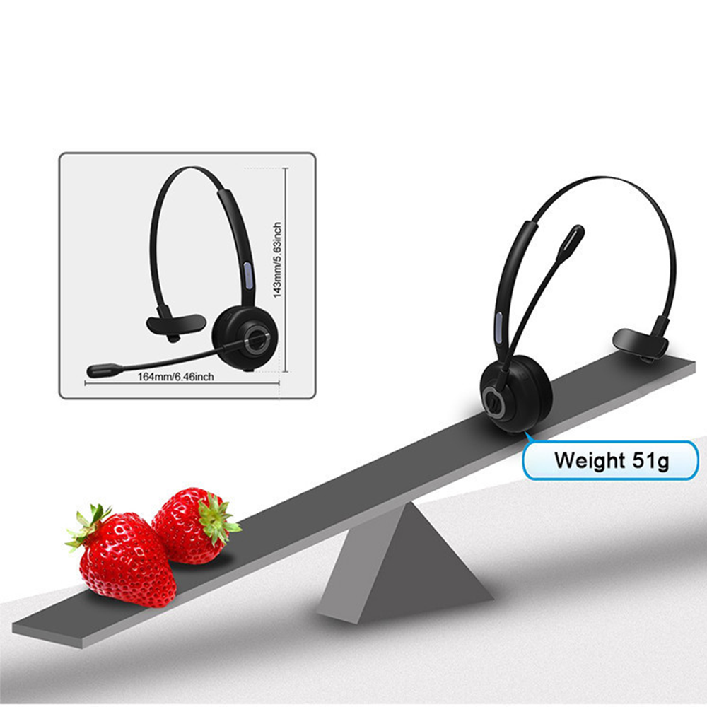 Ein schwarzes kabelloses Headset, das auf einer Wippe mit Erdbeeren balanciert. Zeigt Abmessungen und ein Gewicht von 51g.