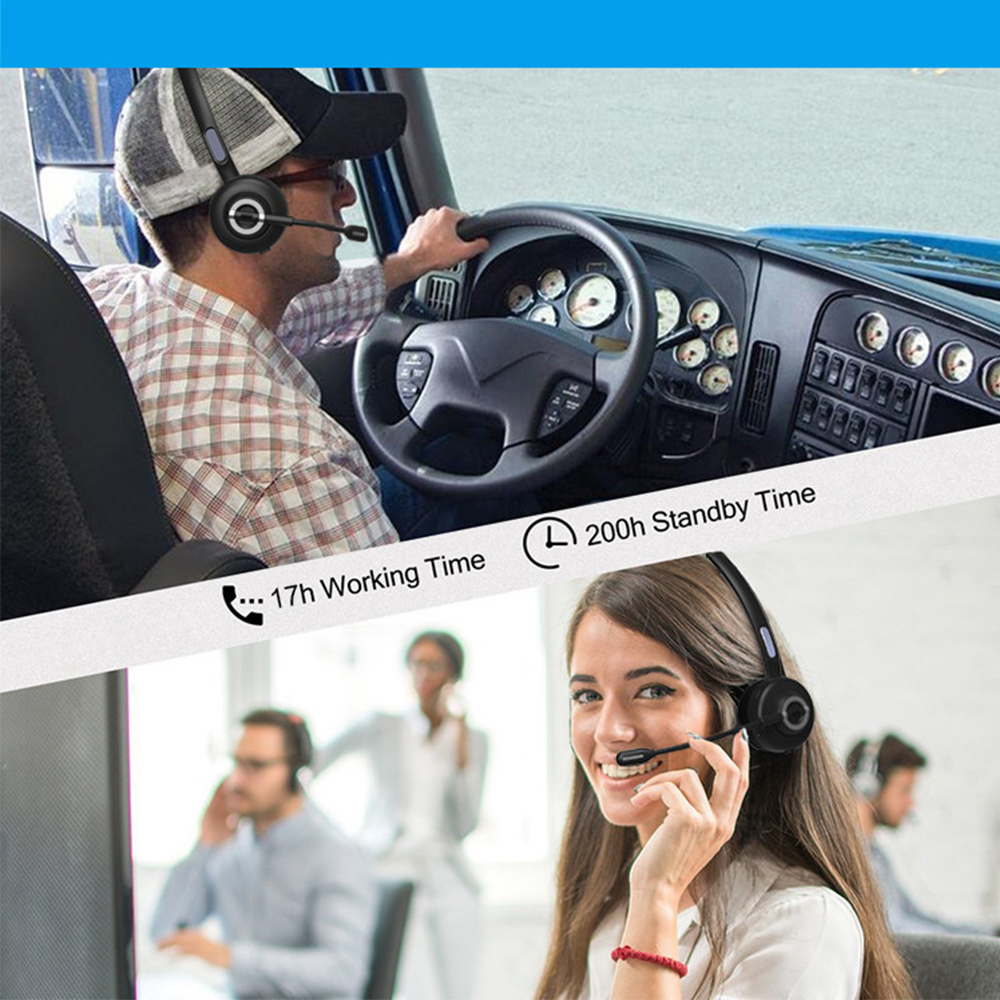 Zwei Personen mit Headsets, eine fährt einen LKW, die andere arbeitet am Computer, und 200 Stunden Standby-Zeit.