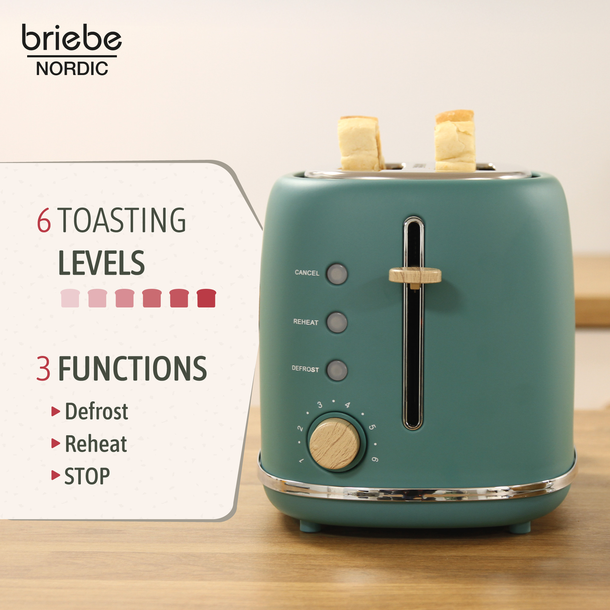 Ein grüner Toaster mit zwei Brotscheiben und 6 Bräunungsstufen. 3 Funktionen.