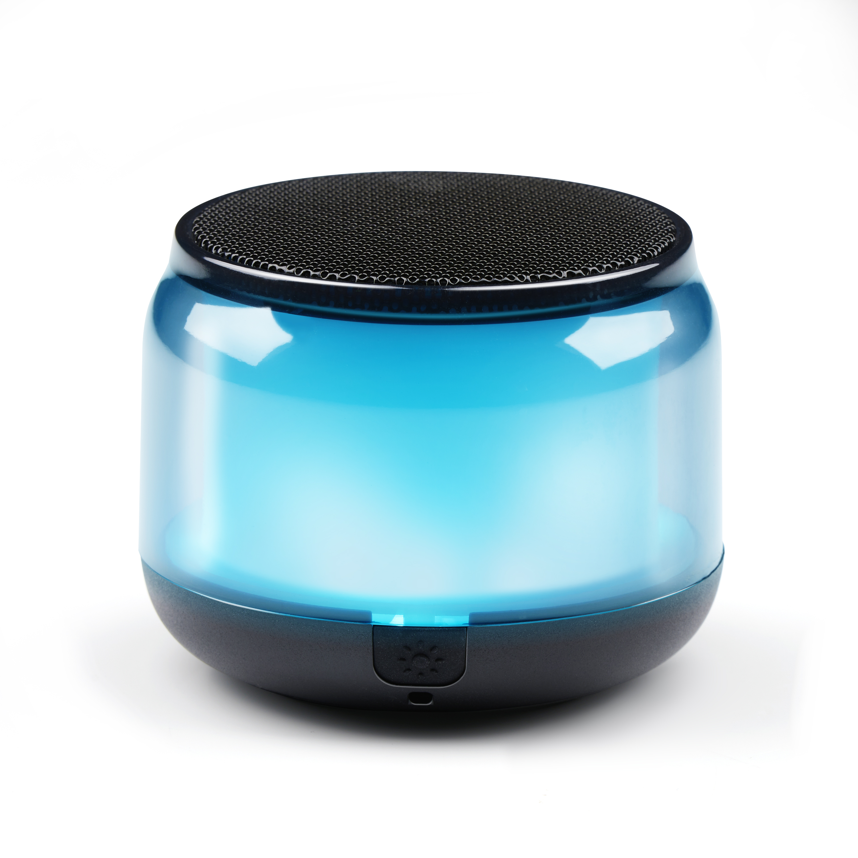 Een blauwe speaker met een zwarte boven- en onderkant, met een licht erin.