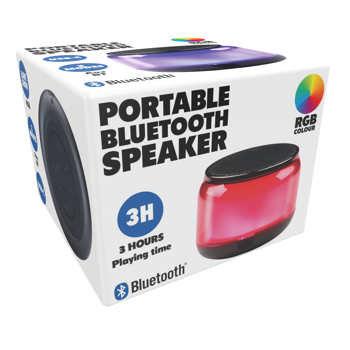 Draagbare Bluetooth-luidspreker in verpakking. Rode luidspreker met zwarte boven- en onderkant, witte doos met kleurenwiel.