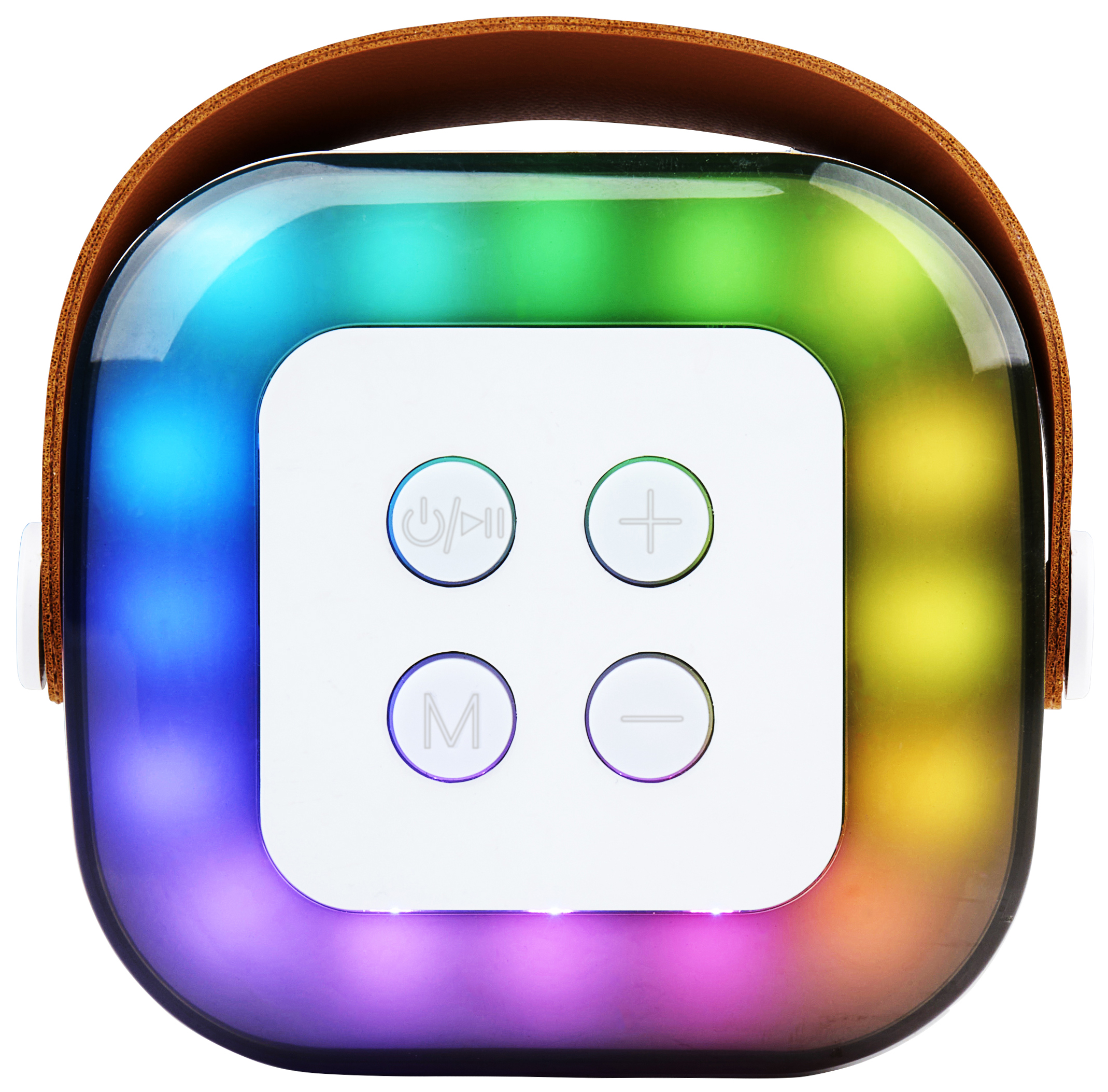 Vierkante speaker met veelkleurige LED-verlichting en knoppen.