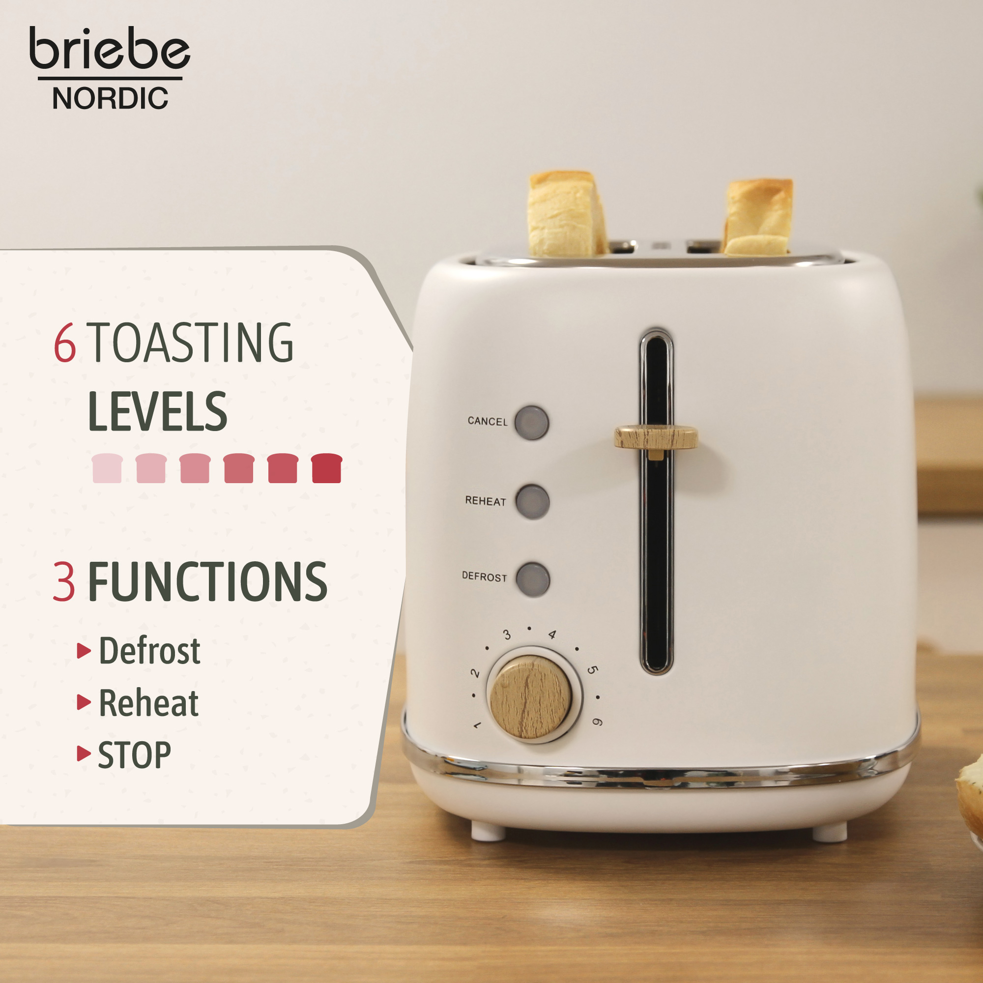 Weißer Toaster mit zwei Toastscheiben oben. Bedienfeld rechts mit Knöpfen und einem Drehregler. Text links beschreibt Stufen und Funktionen.