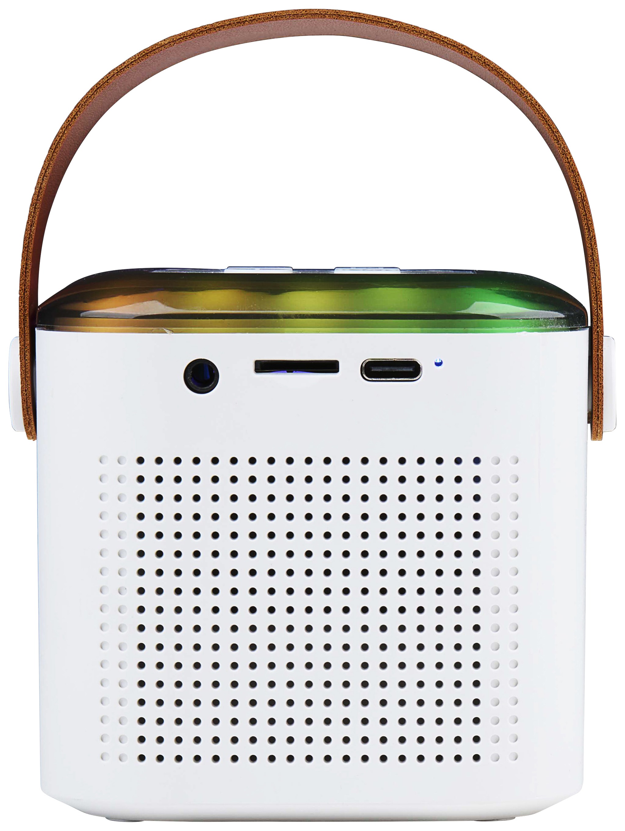 Witte en zwarte draagbare projector met leren handvat en luidsprekergaten, een kleurrijk bovendeel.