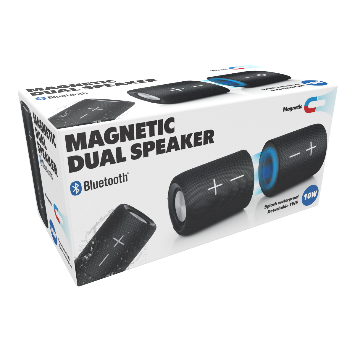 Doos met twee luidsprekers. Kenmerken: tekst 'Magnetic Dual Speaker' en 'Bluetooth'.
